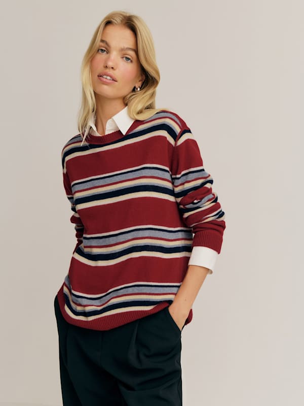 Cashmere Boyfriend Sweater - Crimson Multi Stripe